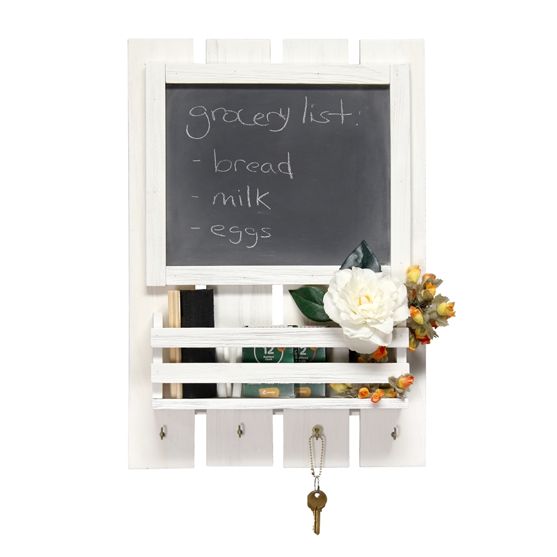 Elegant Designs Chalkboard Sign with Key Holder Hooks White Wash