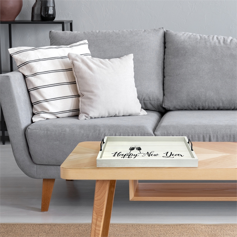 Decorative Wood Serving Tray w Handles 15.50in x 12in Happy New Year