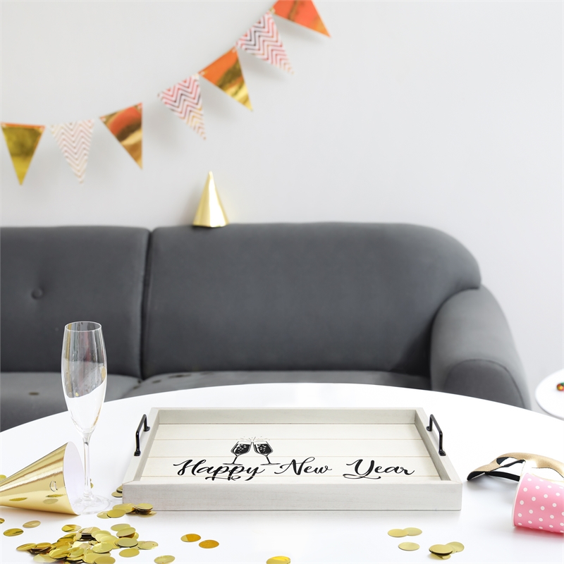 Decorative Wood Serving Tray w Handles 15.50in x 12in Happy New Year