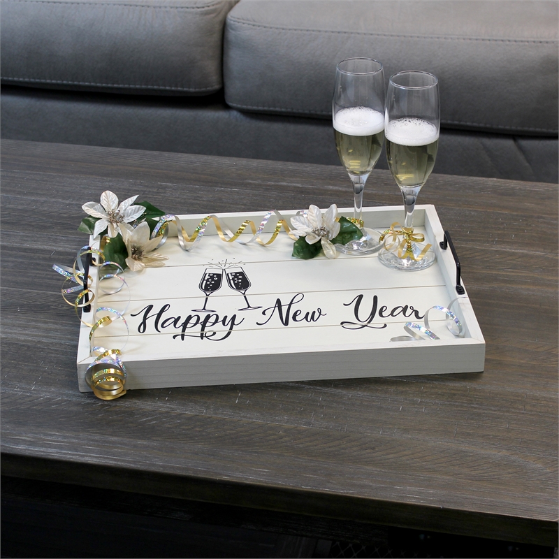 Decorative Wood Serving Tray w Handles 15.50in x 12in Happy New Year