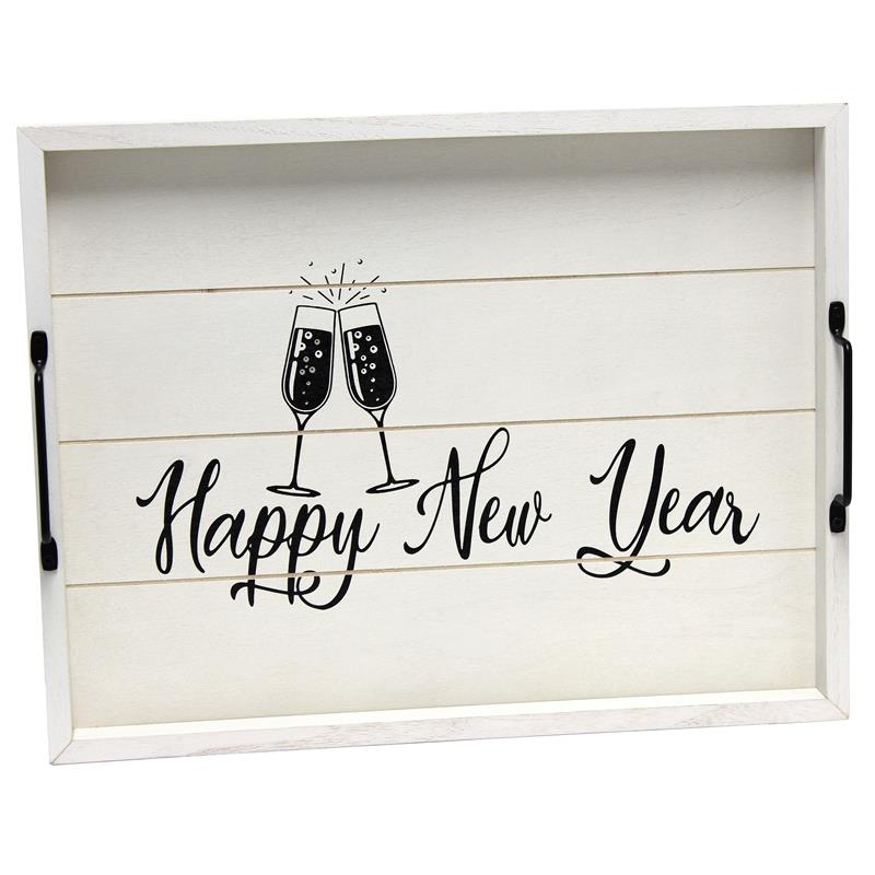 Decorative Wood Serving Tray w Handles 15.50in x 12in Happy New Year
