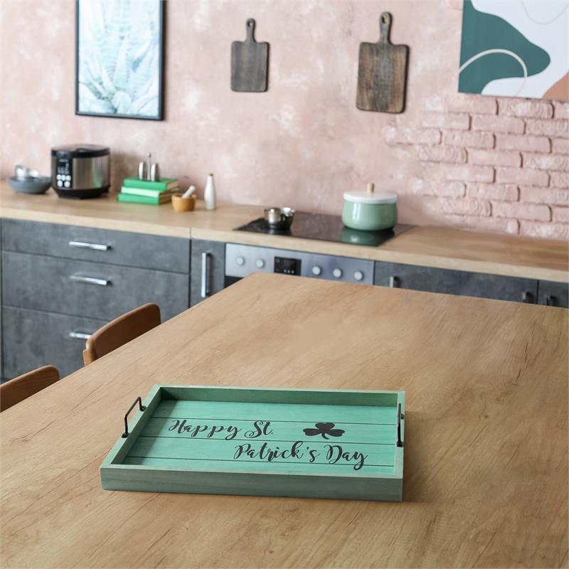 Decorative Wood Serving Tray w Handles 15.50in x 12in Happy St. Patrick's Day