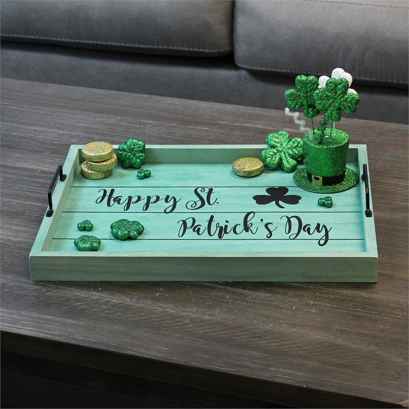 Decorative Wood Serving Tray w Handles 15.50in x 12in Happy St. Patrick's Day