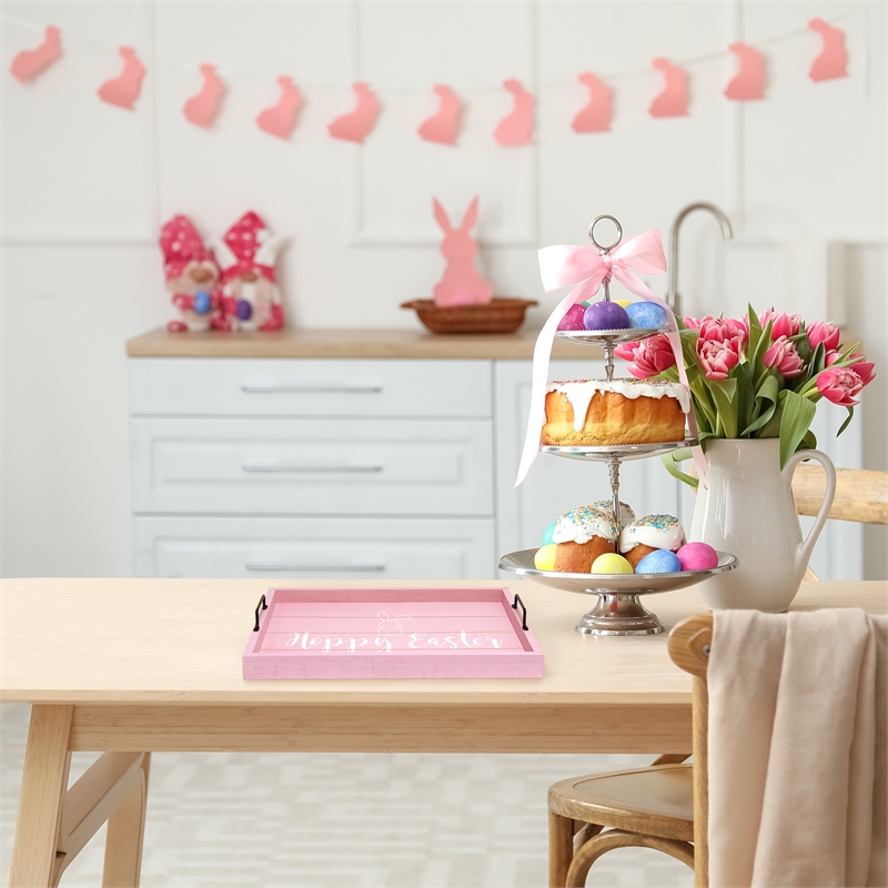 Decorative Wood Serving Tray w Handles 15.50in x 12in Hoppy Easter