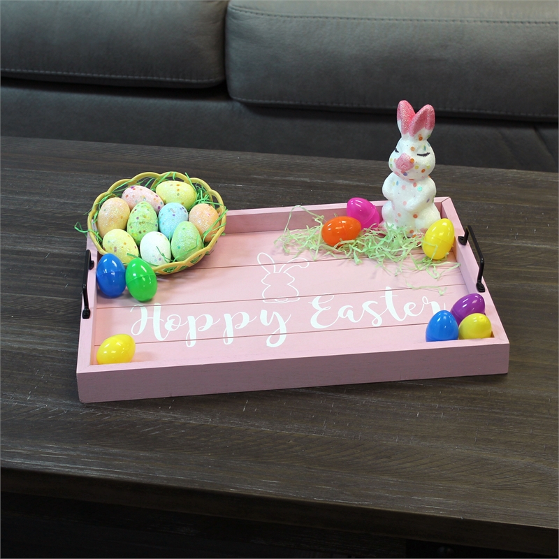 Decorative Wood Serving Tray w Handles 15.50in x 12in Hoppy Easter