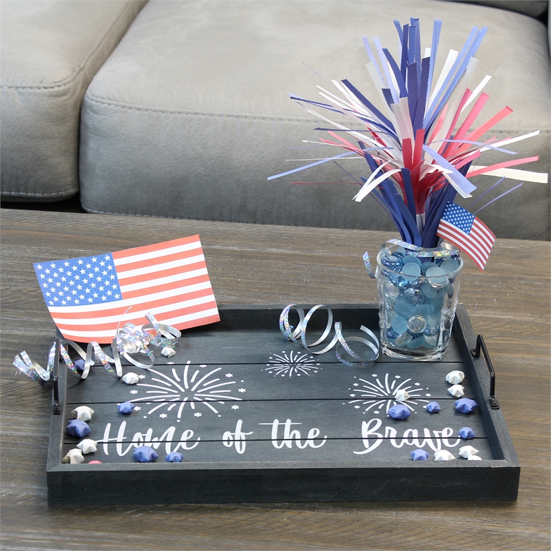 Decorative Wood Serving Tray w Handles 15.50in x 12in Home of the Brave