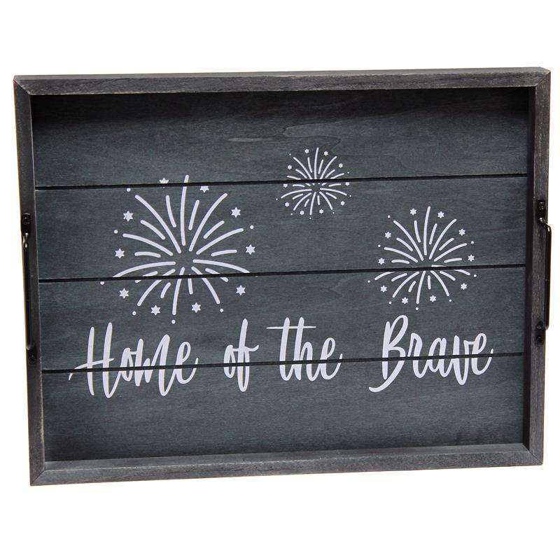 Decorative Wood Serving Tray w Handles 15.50in x 12in Home of the Brave