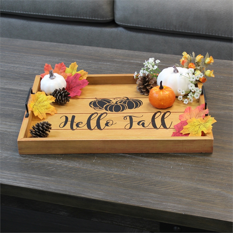 Decorative Wood Serving Tray w Handles 15.50in x 12in Hello Fall