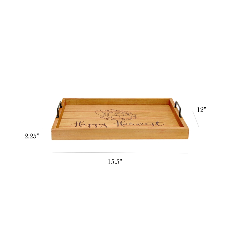 Decorative Wood Serving Tray w Handles 15.50in x 12in Happy Harvest