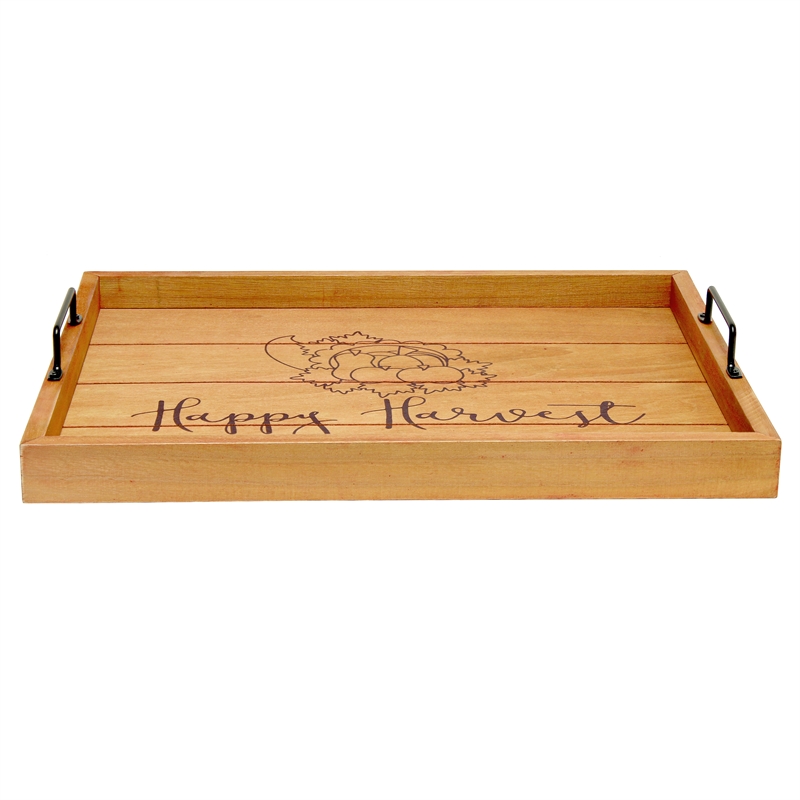 Decorative Wood Serving Tray w Handles 15.50in x 12in Happy Harvest