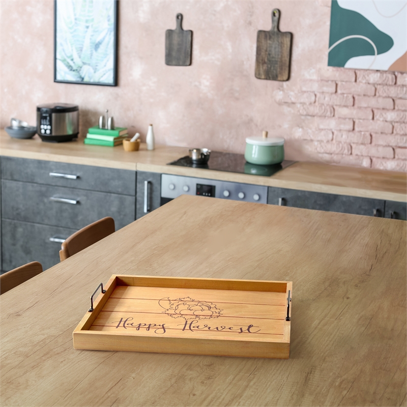Decorative Wood Serving Tray w Handles 15.50in x 12in Happy Harvest
