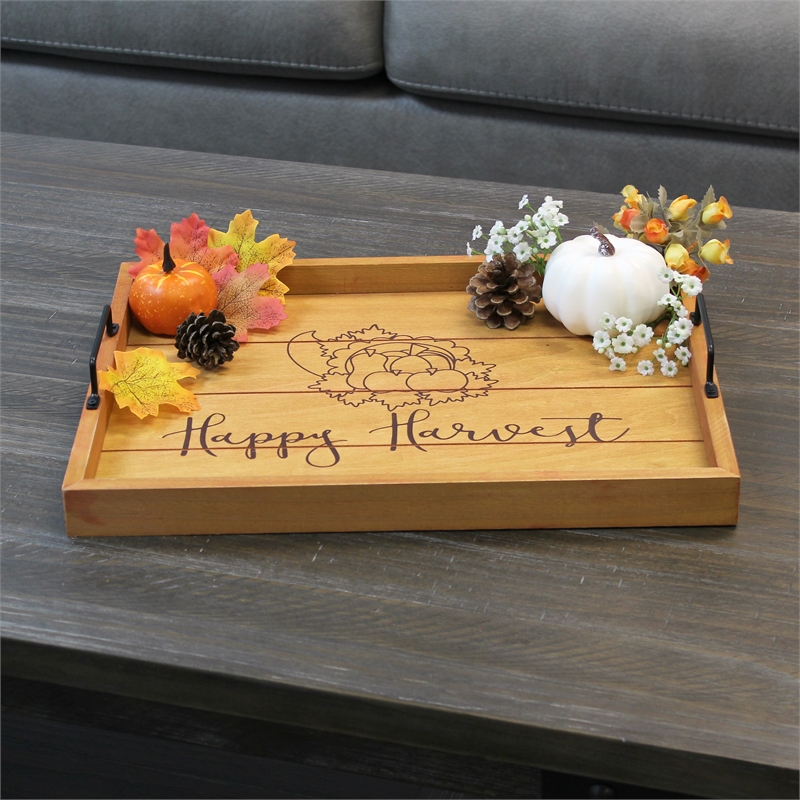 Decorative Wood Serving Tray w Handles 15.50in x 12in Happy Harvest