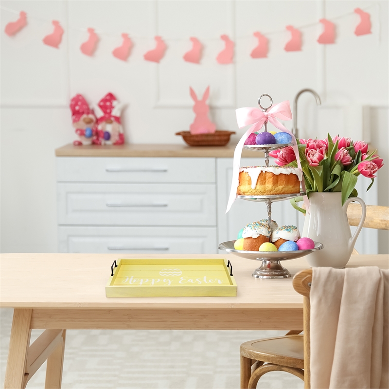 Decorative Wood Serving Tray w Handles 15.50in x 12in Hoppy Easter