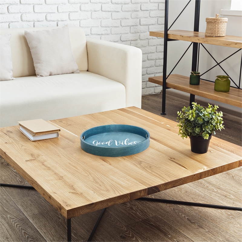 Decorative 13.75in Round Wood Serving Tray w Handles Good Vibes