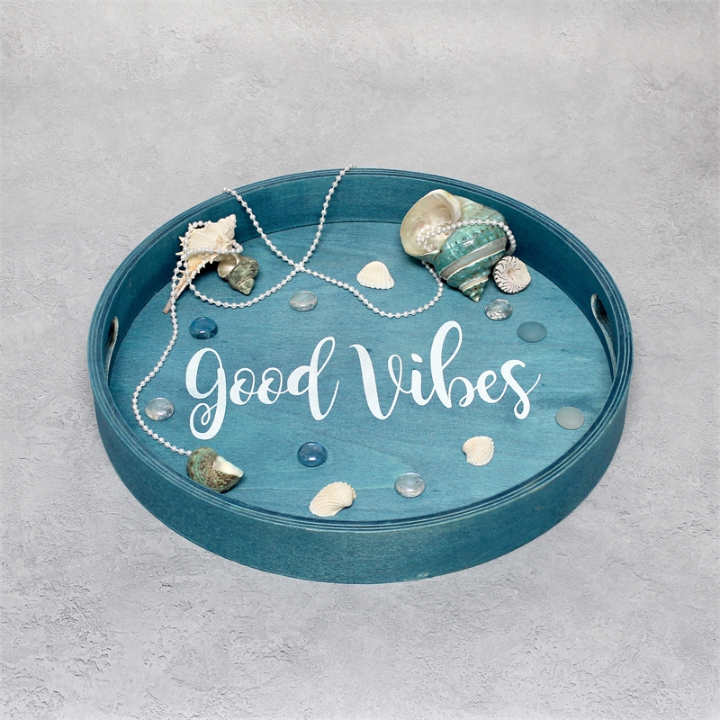 Decorative 13.75in Round Wood Serving Tray w Handles Good Vibes