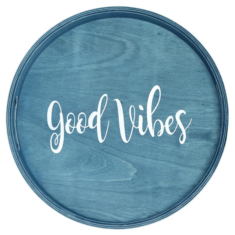 Decorative 13.75in Round Wood Serving Tray w Handles Good Vibes