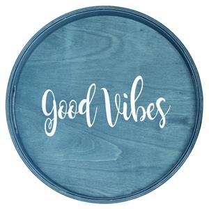 Decorative 13.75in Round Wood Serving Tray w Handles Good Vibes