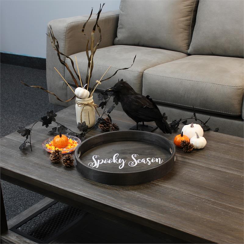 Decorative 13.75in Round Wood Serving Tray w Handles Spooky Season
