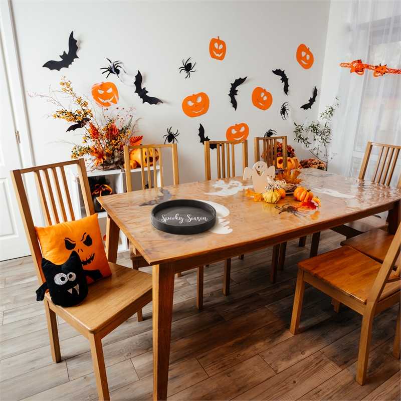 Decorative 13.75in Round Wood Serving Tray w Handles Spooky Season
