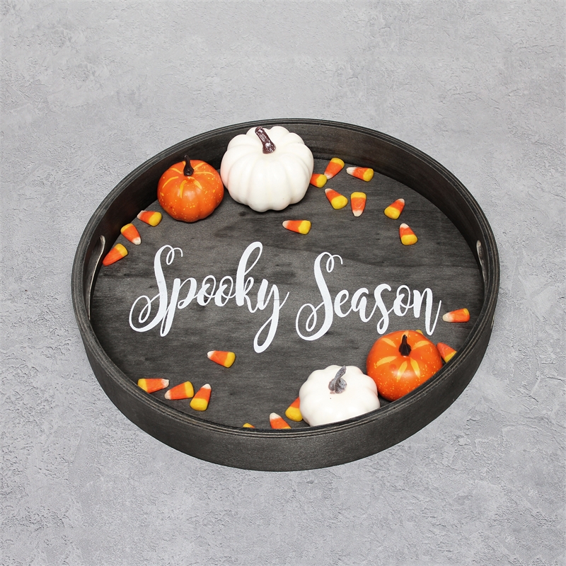 Decorative 13.75in Round Wood Serving Tray w Handles Spooky Season