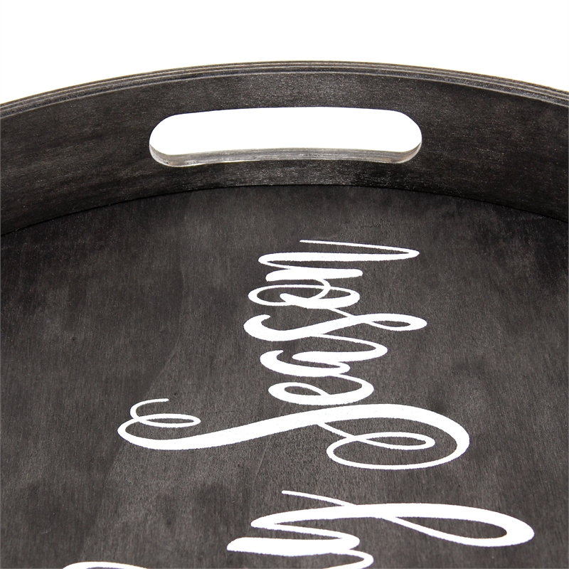 Decorative 13.75in Round Wood Serving Tray w Handles Spooky Season