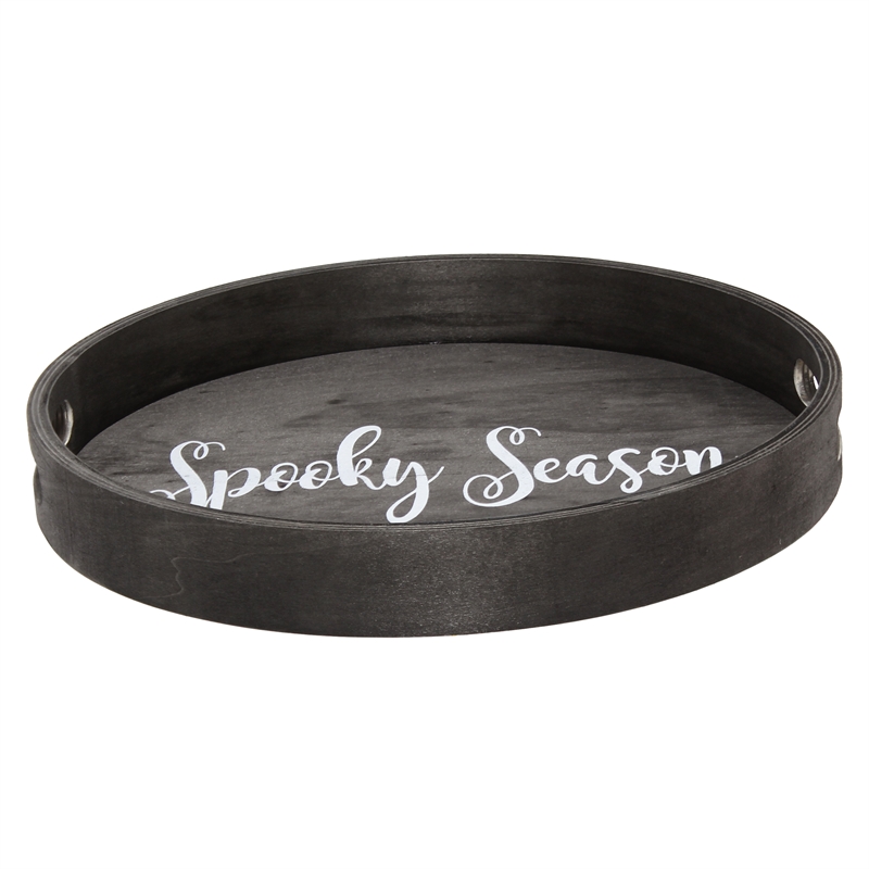 Decorative 13.75in Round Wood Serving Tray w Handles Spooky Season