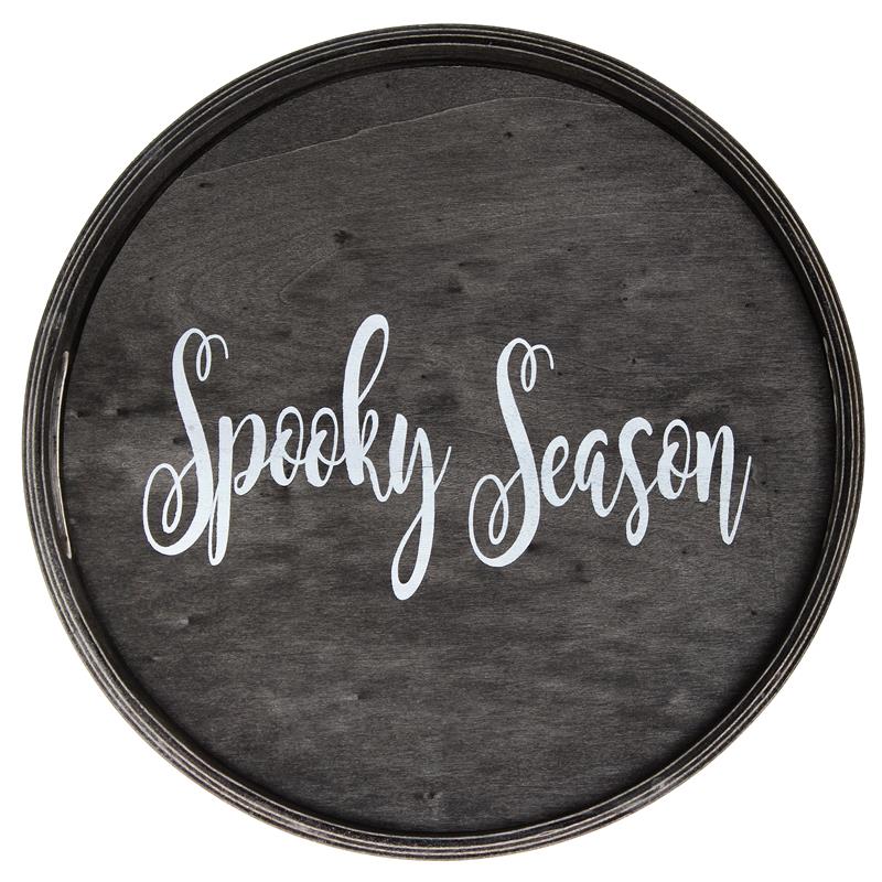 Decorative 13.75in Round Wood Serving Tray w Handles Spooky Season