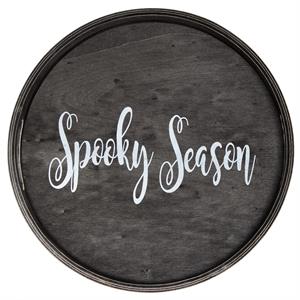 Decorative 13.75in Round Wood Serving Tray w Handles Spooky Season