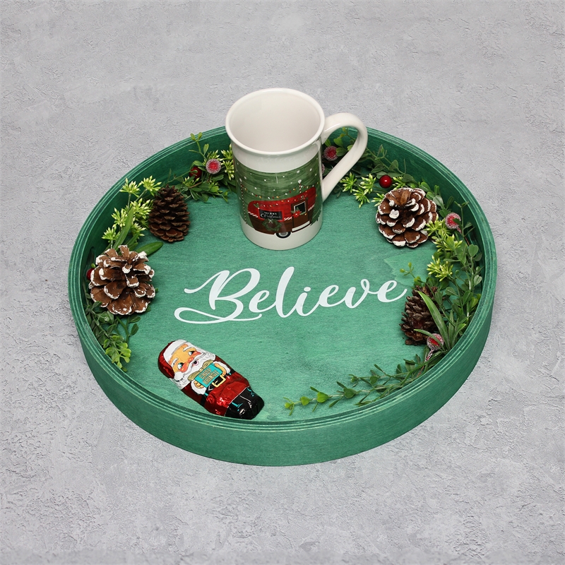 Decorative 13.75in Round Wood Serving Tray w Handles Believe