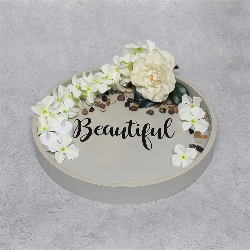 Decorative 13.75in Round Wood Serving Tray w Handles Beautiful