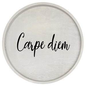 Decorative 13.75in Round Wood Serving Tray w Handles Carpe Diem