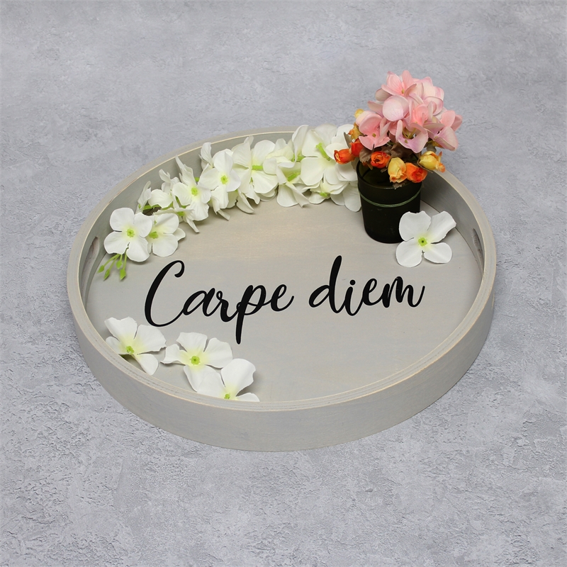 Decorative 13.75in Round Wood Serving Tray w Handles Carpe Diem