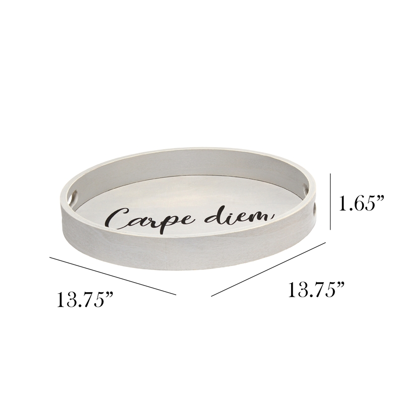 Decorative 13.75in Round Wood Serving Tray w Handles Carpe Diem