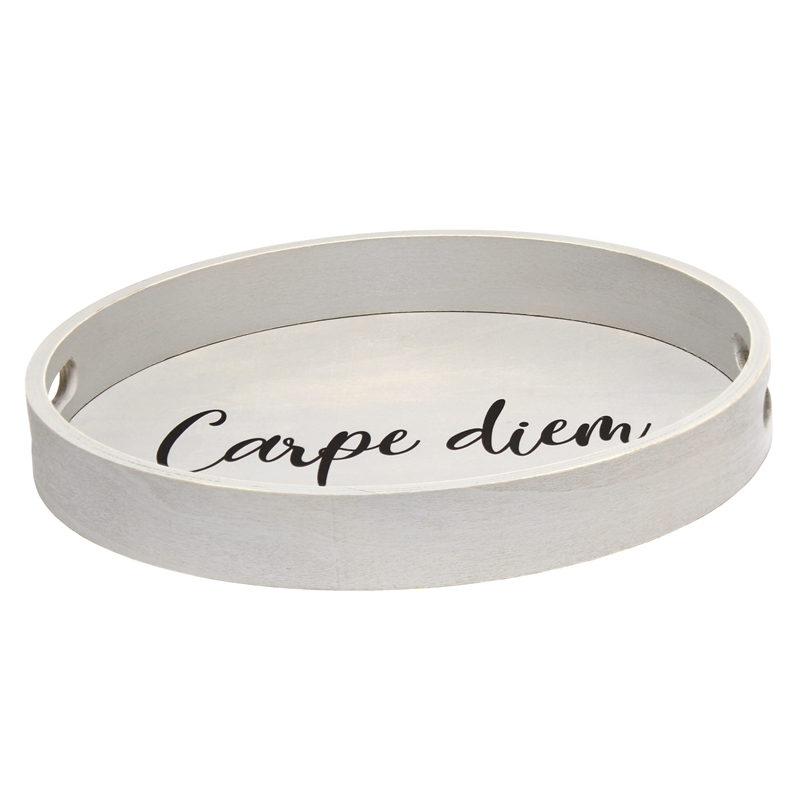 Decorative 13.75in Round Wood Serving Tray w Handles Carpe Diem