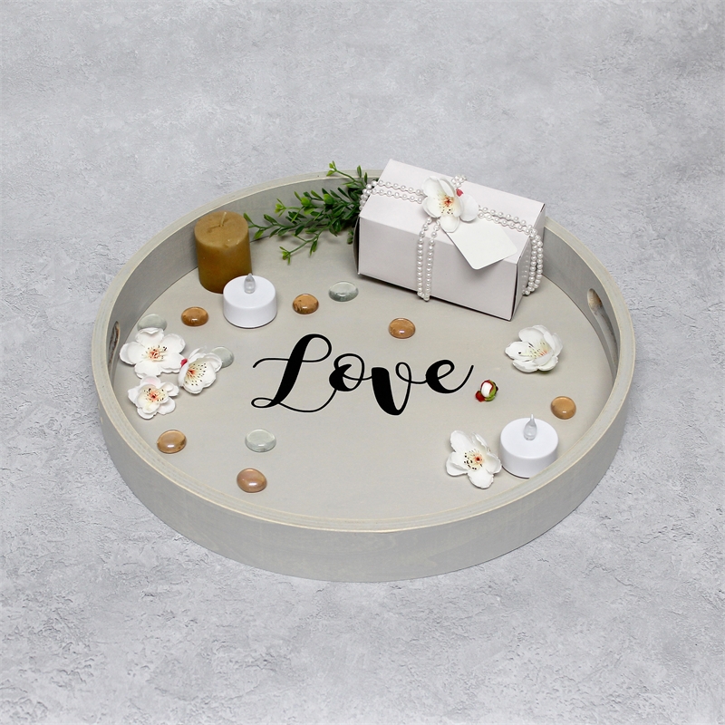 Decorative 13.75in Round Wood Serving Tray w Handles Love