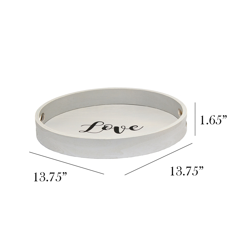 Decorative 13.75in Round Wood Serving Tray w Handles Love