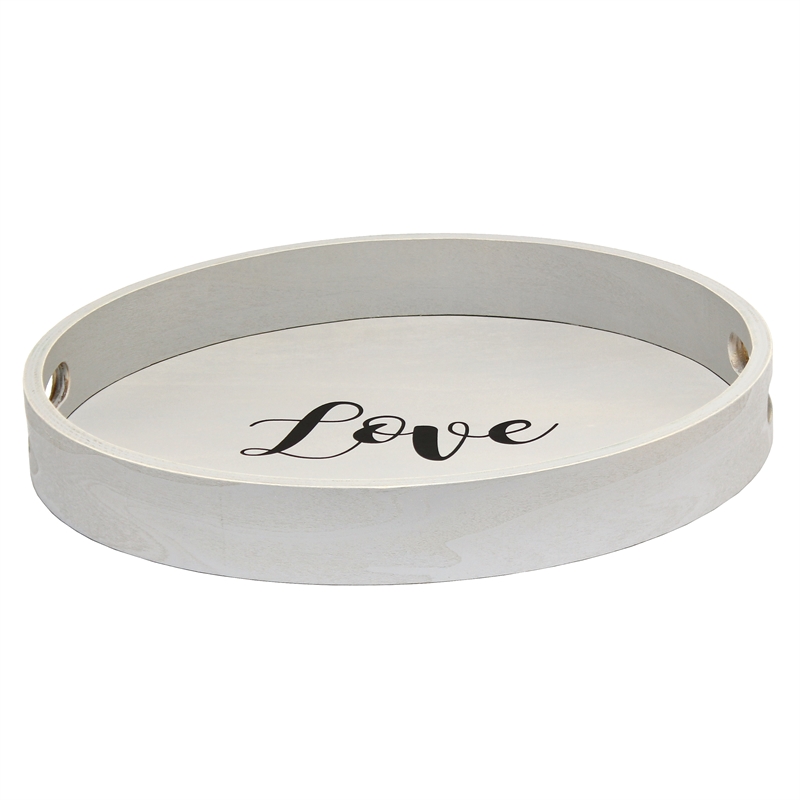 Decorative 13.75in Round Wood Serving Tray w Handles Love