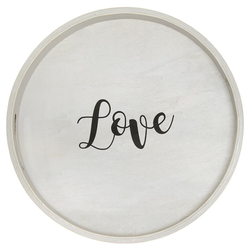 Decorative 13.75in Round Wood Serving Tray w Handles Love