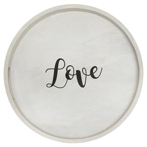 Decorative 13.75in Round Wood Serving Tray w Handles Love