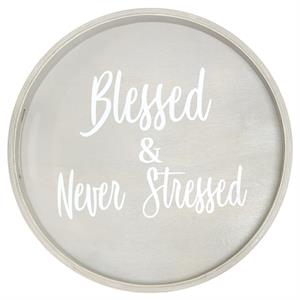 Decorative 13.75in Round Wood Serving Tray w Handles Blessed & Never Stressed