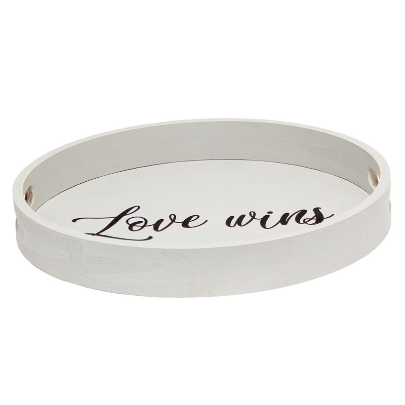 Decorative 13.75in Round Wood Serving Tray w Handles Love Wins