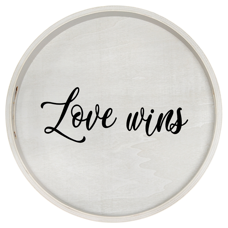 Decorative 13.75in Round Wood Serving Tray w Handles Love Wins