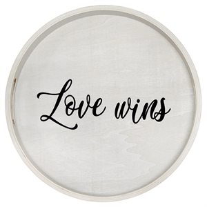 Decorative 13.75in Round Wood Serving Tray w Handles Love Wins
