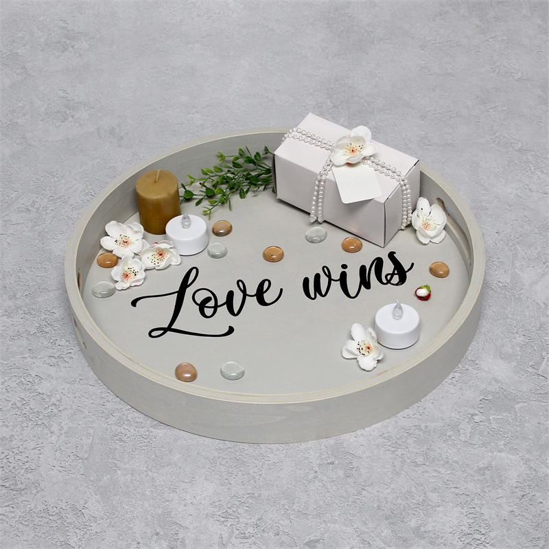 Decorative 13.75in Round Wood Serving Tray w Handles Love Wins