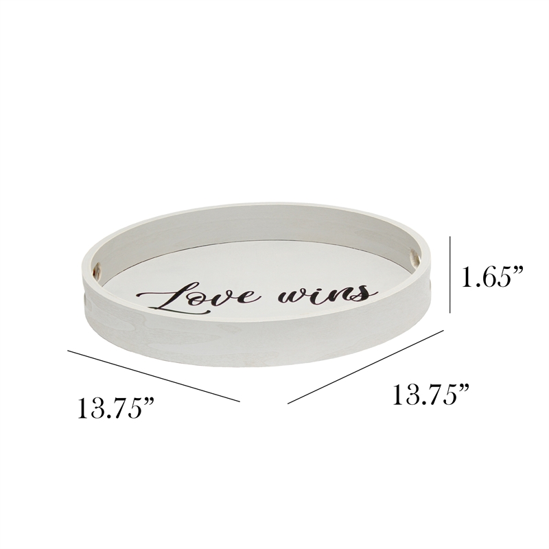 Decorative 13.75in Round Wood Serving Tray w Handles Love Wins