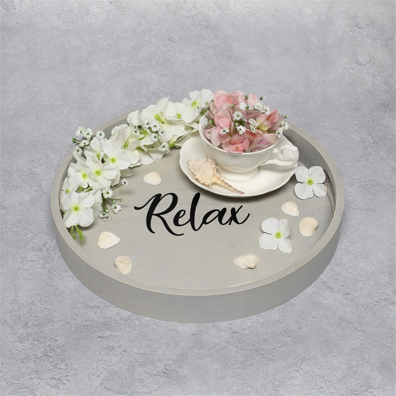 Decorative 13.75in Round Wood Serving Tray w Handles Relax