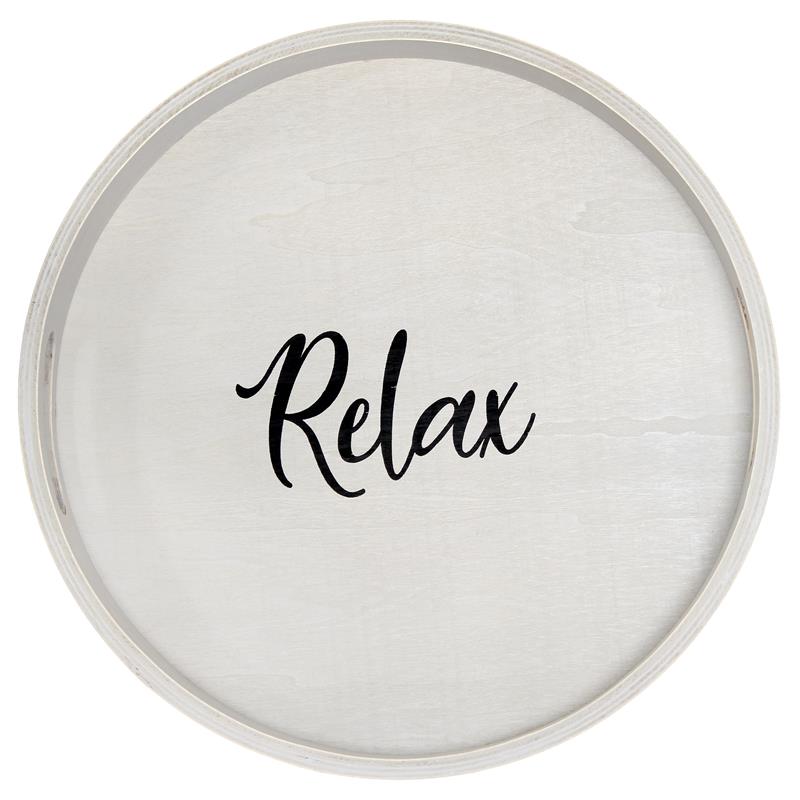 Decorative 13.75in Round Wood Serving Tray w Handles Relax