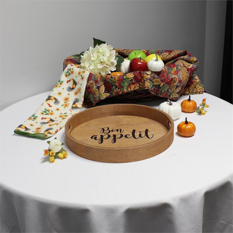Decorative 13.75in Round Wood Serving Tray w Handles Bon Appetit