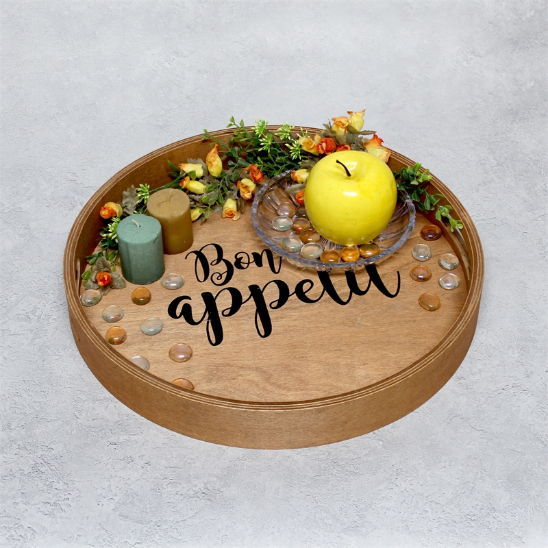 Decorative 13.75in Round Wood Serving Tray w Handles Bon Appetit