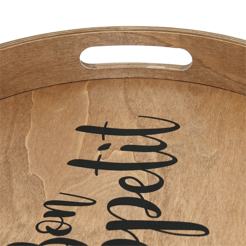 Decorative 13.75in Round Wood Serving Tray w Handles Bon Appetit